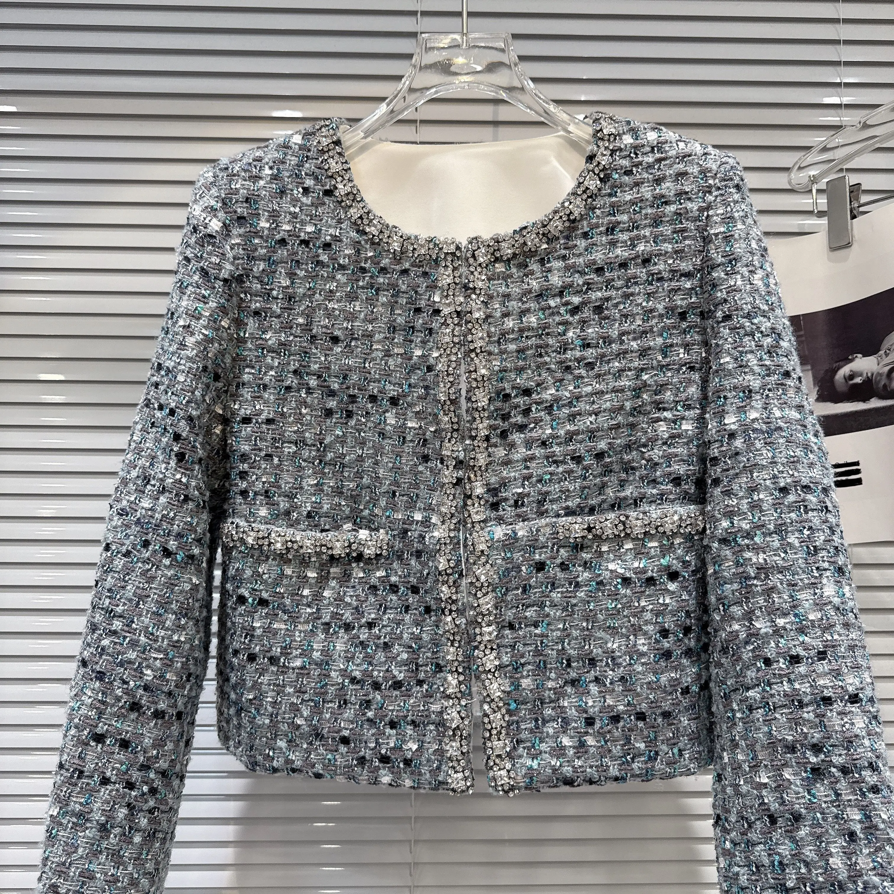Fashion Lady New Autumn Elegant Round Neck Weaving Tweeds Jacket Luxury Rhinestone Beading All-match Women Short Cardigans Coat