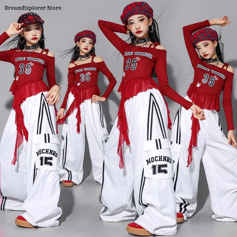 

Girls K-pop Off Shoulder Crop Top Cargo Pants ‌Dance Skirt Kids Hip Hop Streetwear ‌Shorts Children Jazz Girl Group Clothes Sets