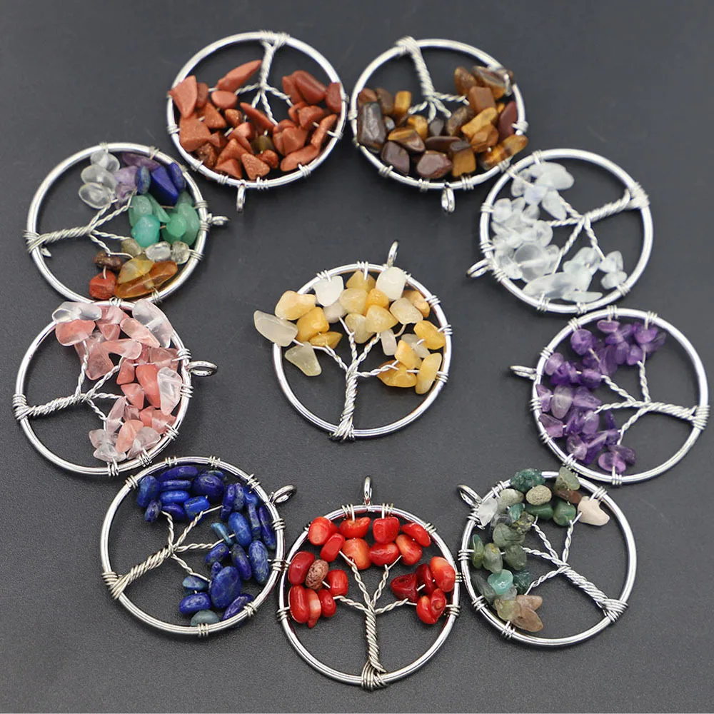 

12pcs 30mm Wire Wrap Chip Stone Beads Tree of Life Natural Pendant Fluorite Healing Crystal Charms Jewelry Making Gift Wholesale