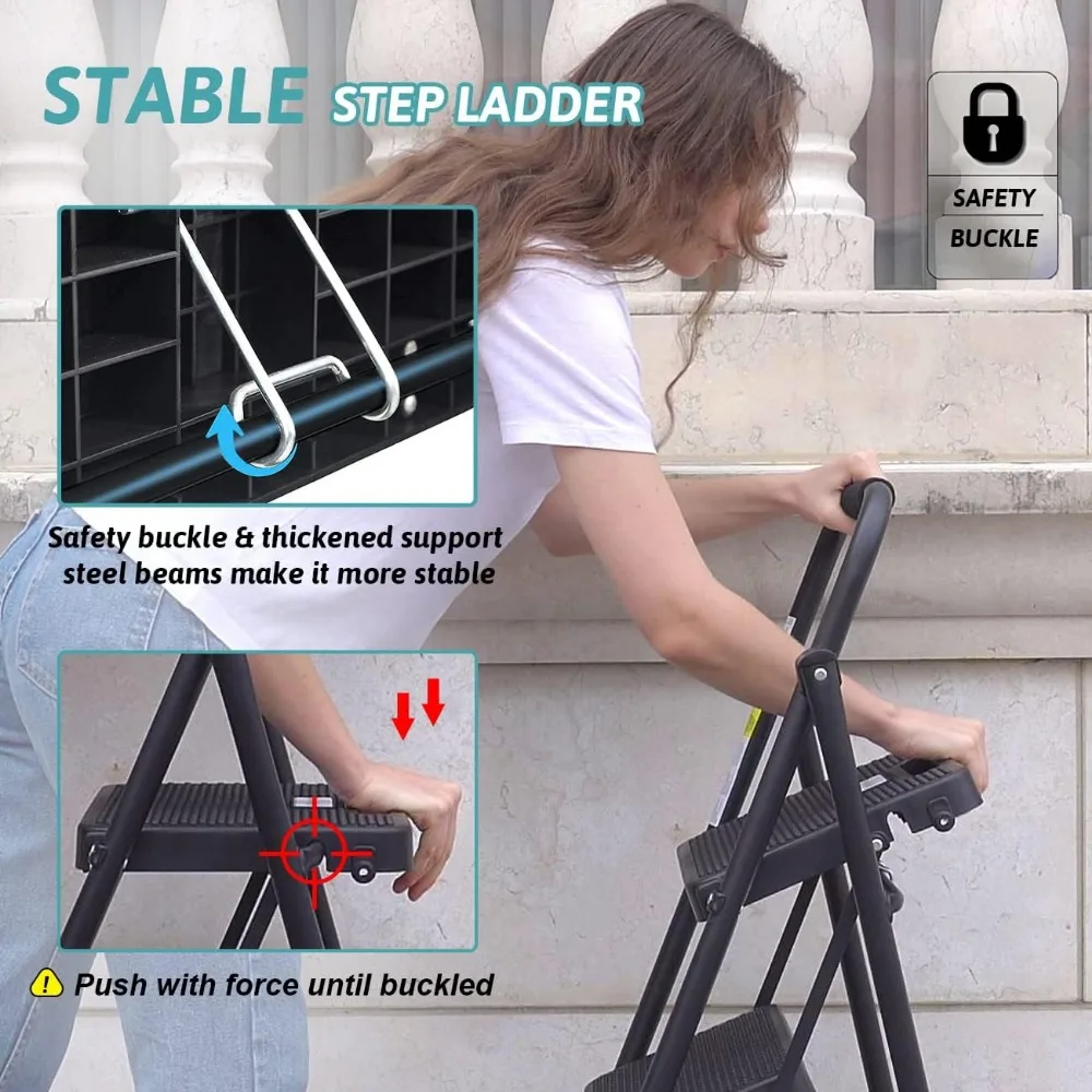 Step Ladder 3 Step Folding with Handgrip, 500Lbs Steel Step Stool, Folding Ladder Anti-Slip Wide Pedals, Portable Kitchen/Closet