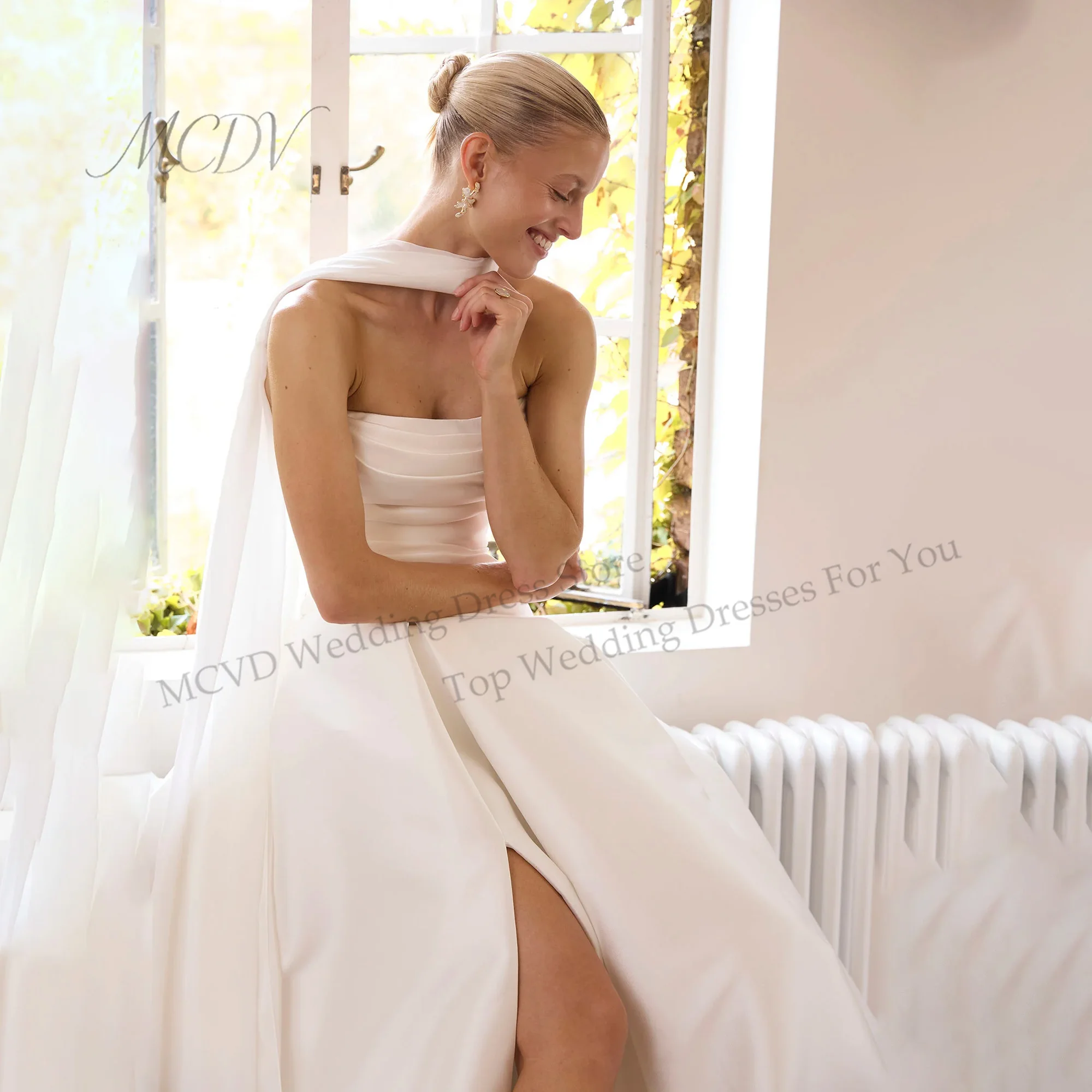 MCDV Modern Satin A-Line Wedding Dresses With Shawl Strapless Pleat Open Back Slit Bridal Gown Customized Vestidos De Novia