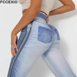 FCCEXIO New Sexy 6 Style Denim Print High Waist Women Leggings Sports Fitness Jean Leggings Push Up Tights Running Workout Pants