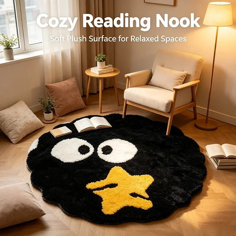 Cute Soot Sprite Round Rug Soft Plush Cartoon Floor Mat Anti‑Slip Bedroom Bedside Home Decor Carpet