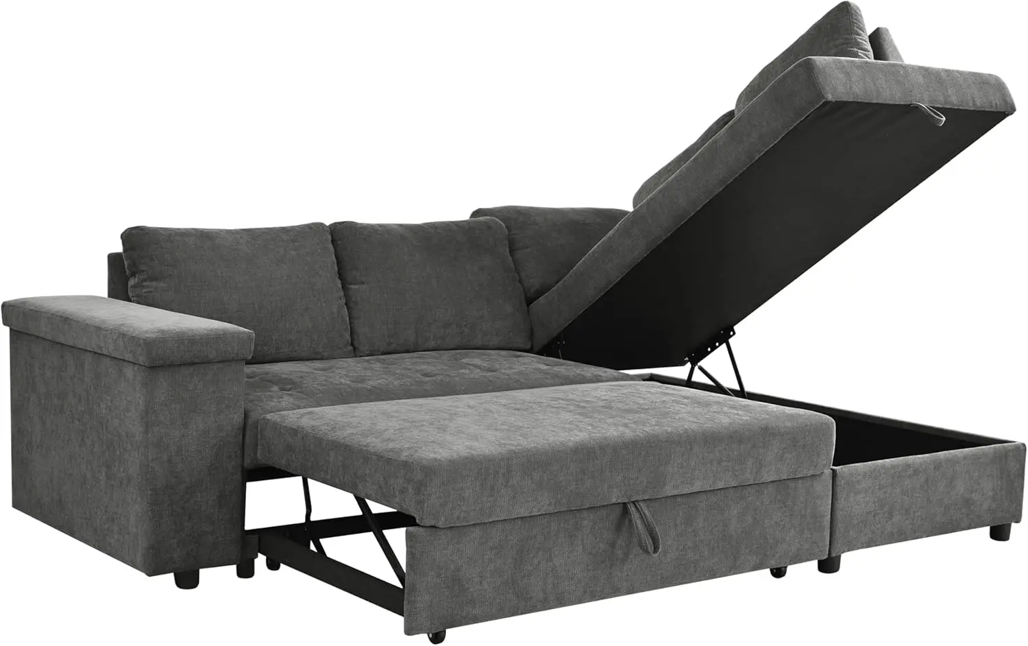 Modern L Shaped Sectional Sofa Corner Couch, Pull-Out Sofa Bed Sleeper With Storage Ottoman And Wide Storage Armrest, Polyester