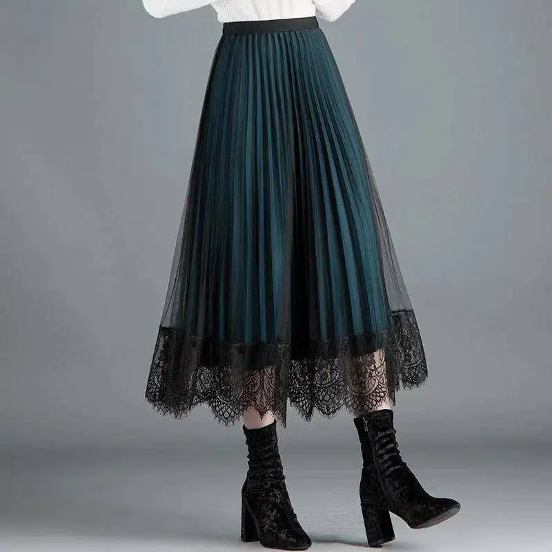 High Waist Lace Pleated Skirt Women's Autumn Winter New plus Size Midi Length Slimming Mesh Skirt Two-Sided Wear Half Skirt