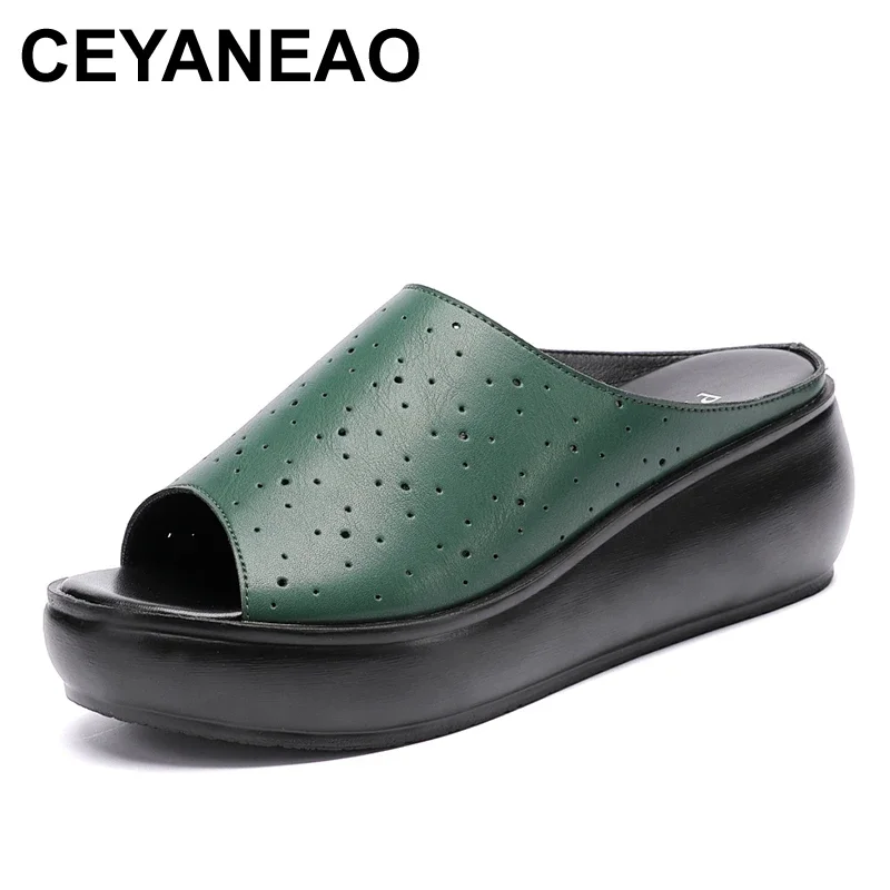 

CEYANEAO Women Slipper Ladies Genuine Leather Shoes Women Wedges Heels Slippers Fashion Summer Slides Sandals Shoes