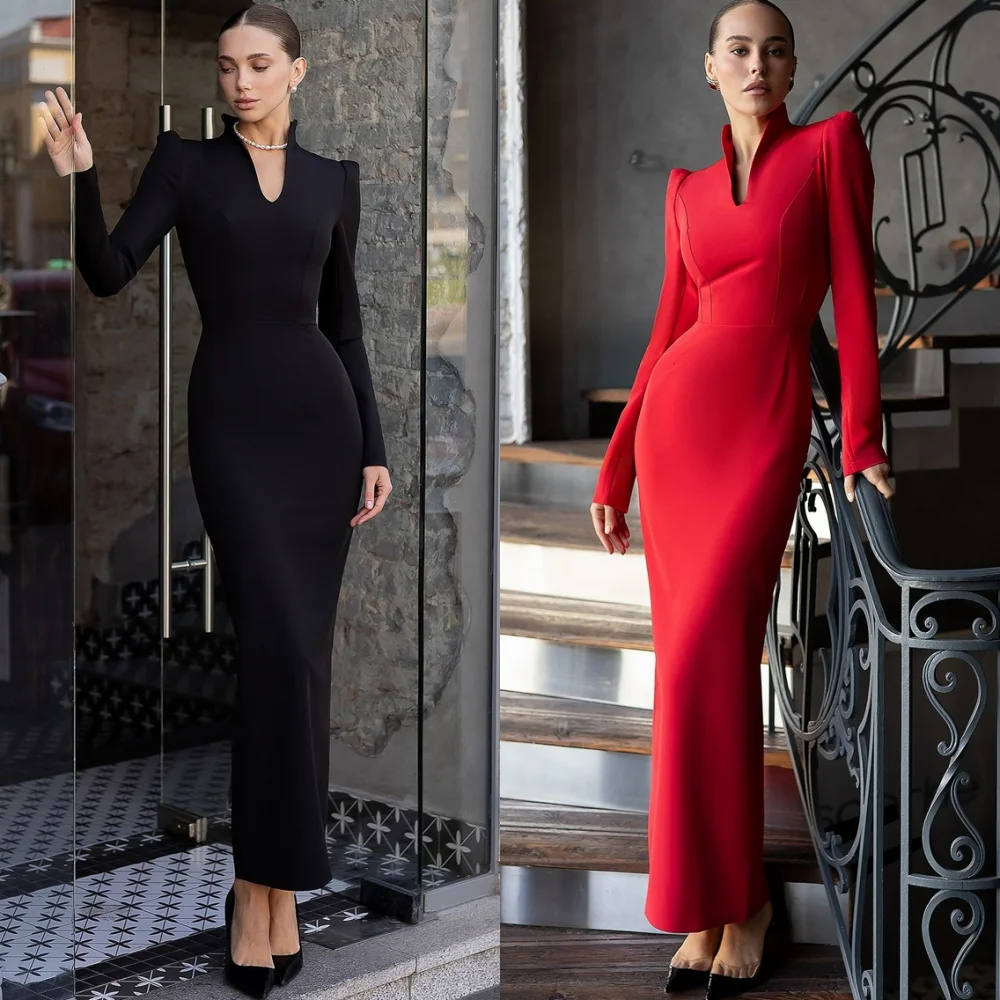 

Customized Fashion Jersey Evening Dress Exquisite V-Neck Long Sleeves Homecoming Dresses Temperament Special Occasion Gowns