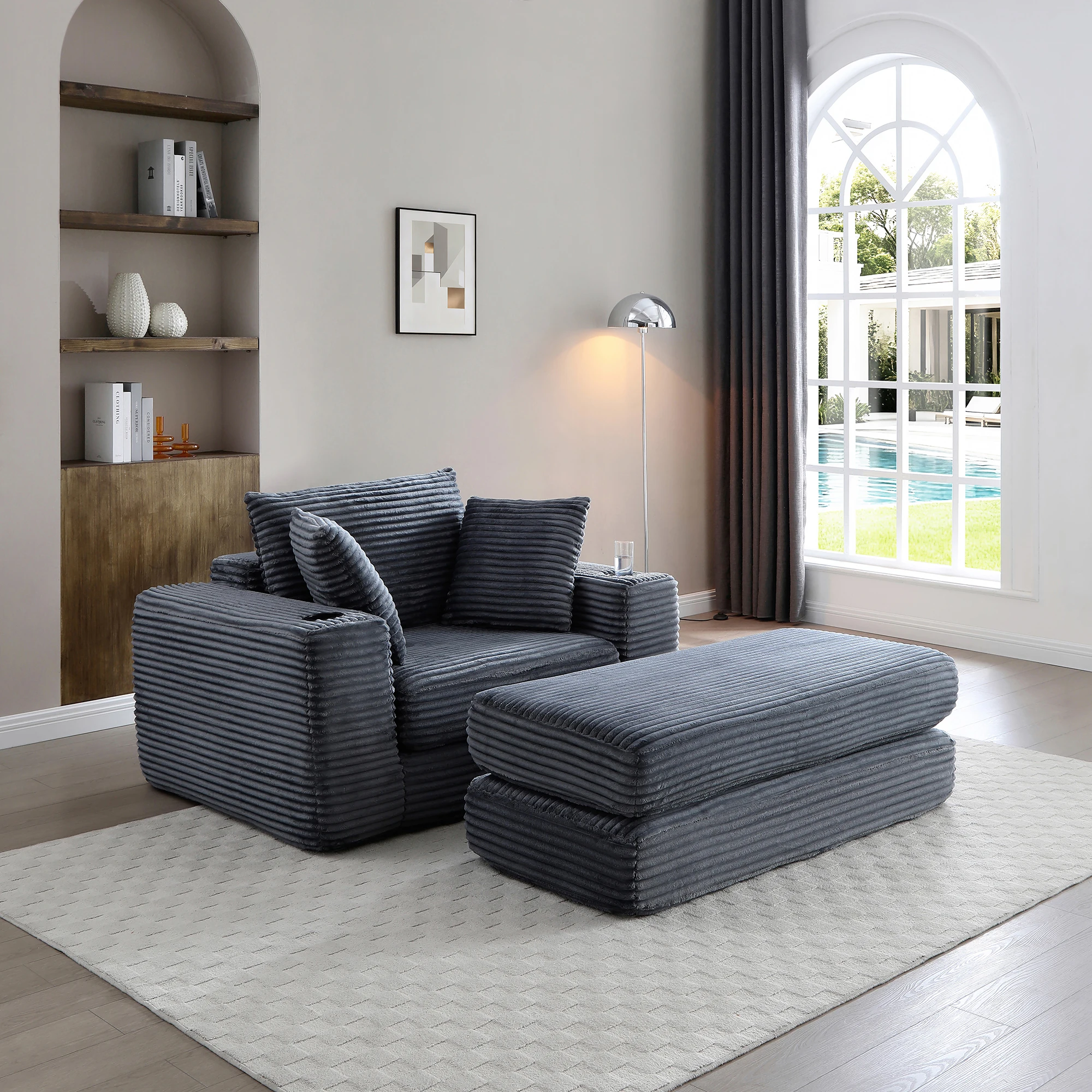 52.4'' Boneless Chaise Lounge Chair Indoor-Oversized Cloud-Like Cozy Comfy Modular 3-in-1 Sofa Bed for Reading, Living Room & Bedroom Corduroy Couch Sleeper,Grey