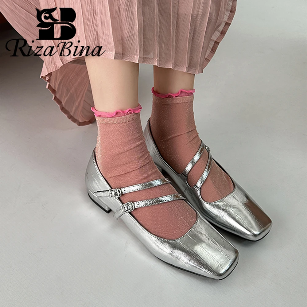 

RIZABINA Mary Janes Women Sheepskin Leather Square Toe Double Belt Buckles Low Heel Pumps Solid Color Classic Female Daily Shoes