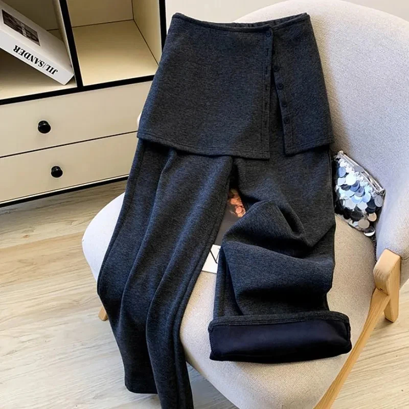 Casual Wide Leg Pants Women Autumn Winter Vintage Fake Two Piece Patchwork Trouser Loose Lazy Wind Warm Harajuku Straight Pants