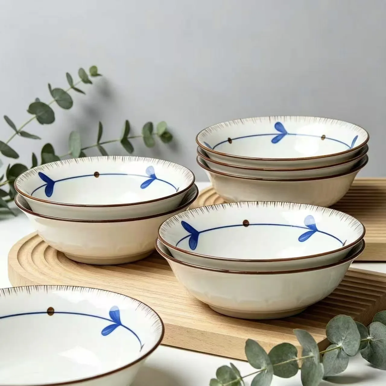 4 Pack 7 Inch Spring Bud Aviation Ceramic Noodle Bowls, Household High Temperature Resistant Microwave Safe Soup Rice Bowls