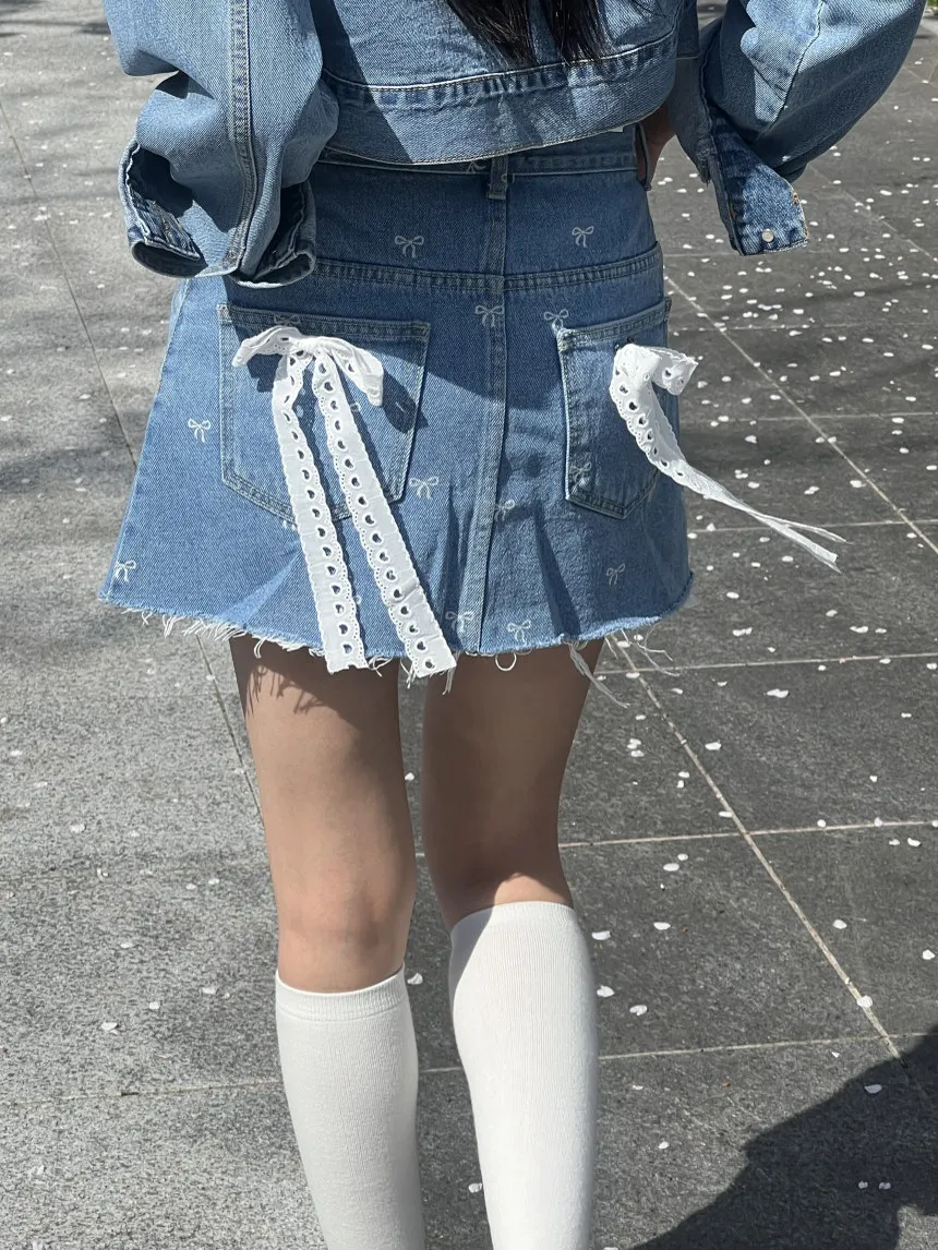 

Джинсовая юбка трапециевидной формы с завышенной талией и кружевным узлом, женская милая молодежная юбка с подолом, модная