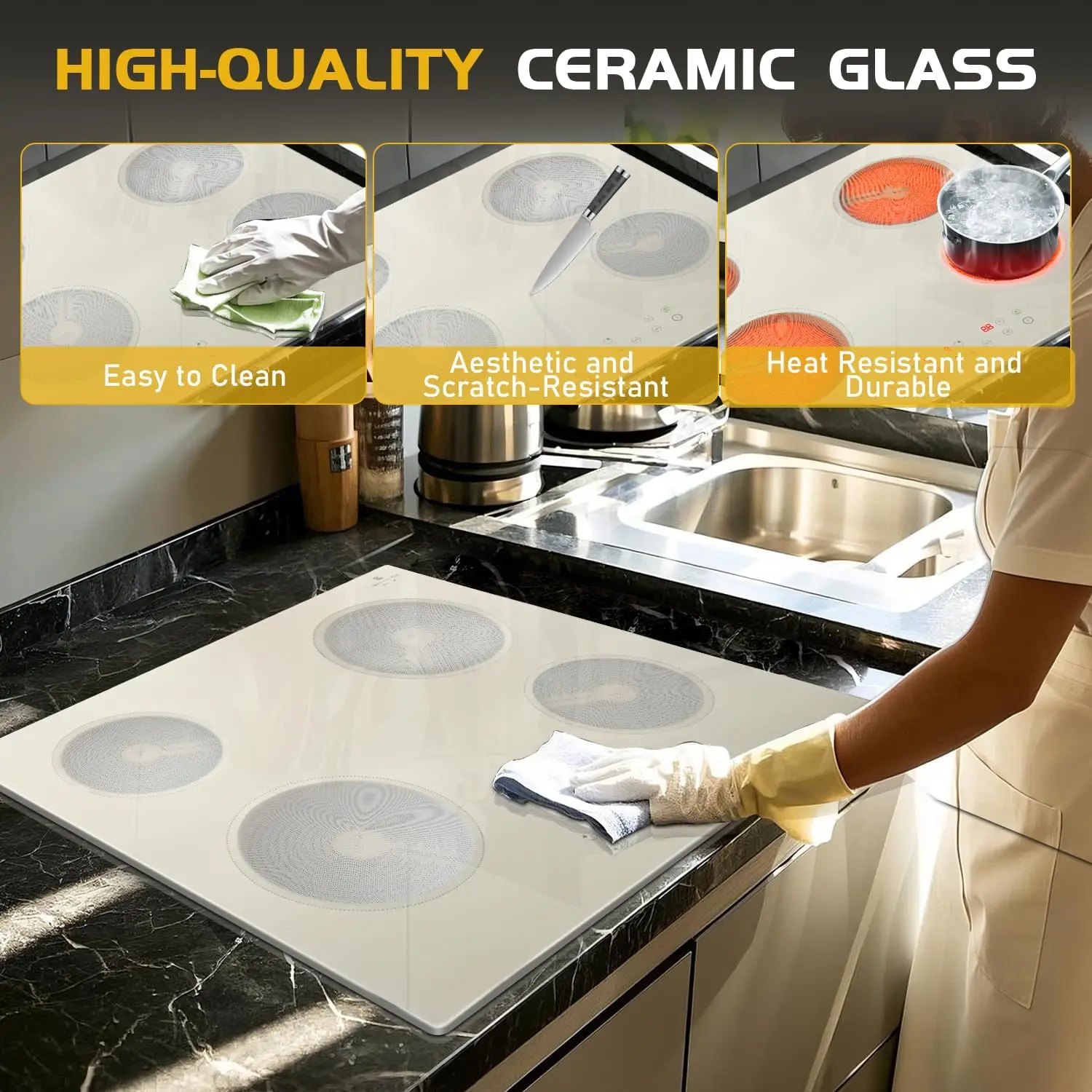 NOXTON เตาเซรามิคสีขาว 4 โซนเตาไฟฟ้า 60 ซม.Touch ควบคุมจับเวลาปลอดภัยล็อคลวดแข็งไม่มีปลั๊ก 220-240V