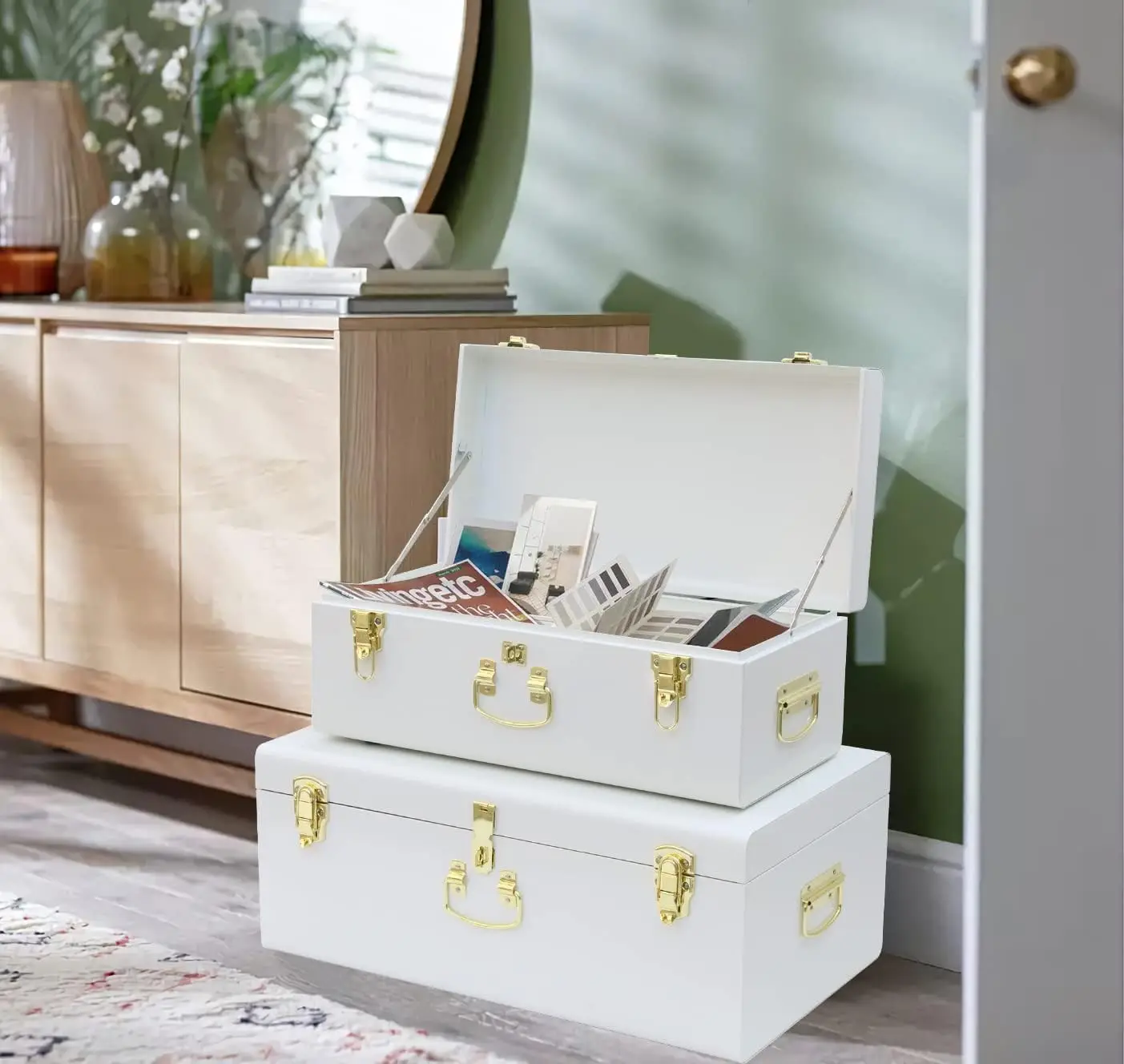 Set di 2 bauli portaoggetti in scatola di metallo, cassettiera per dormitorio universitario con foro di bloccaggio, 23,7 x 14,2 x 9,5 pollici (bianco)