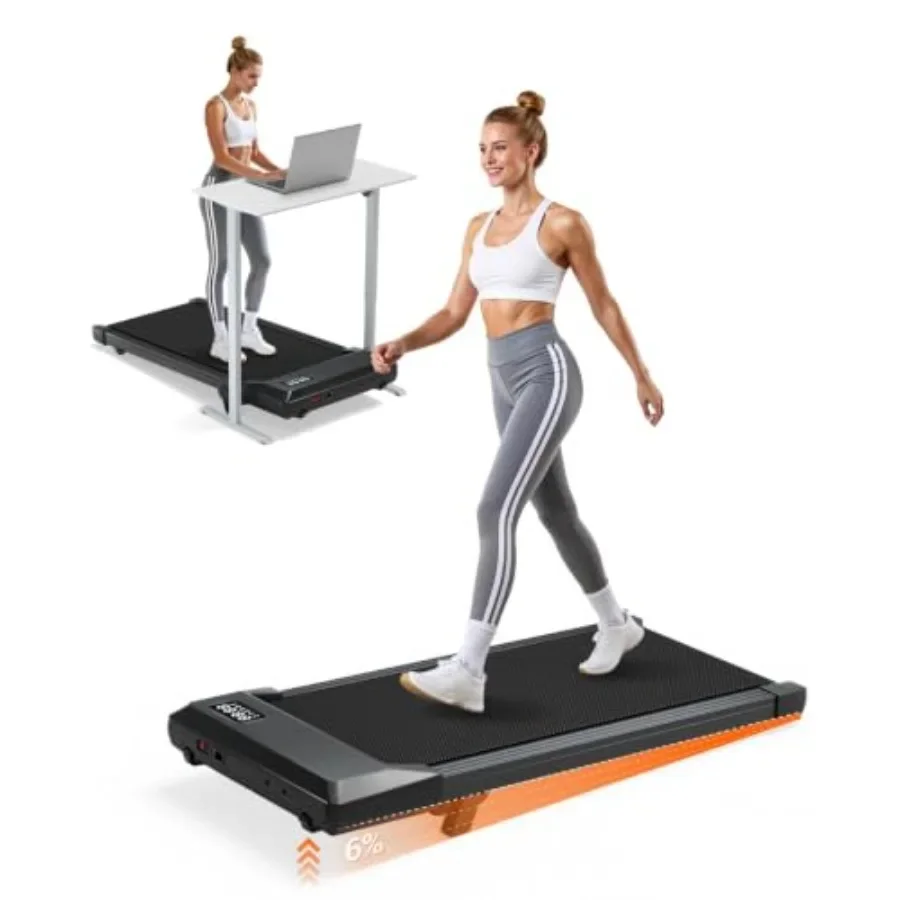 Under desk treadmill for home office use, steel frame with black finish, 6 incline and 300 lbs capacity for quiet walking worko