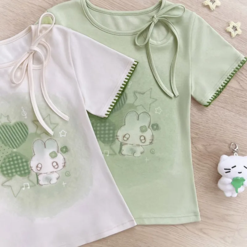 

Wow Clover Rabbit Tops&Tees Women Summer Korean Japan Strap Y2K Kawaii Top Vintage Lucky Cute Shoulder T-shirt Girl Top Tee New