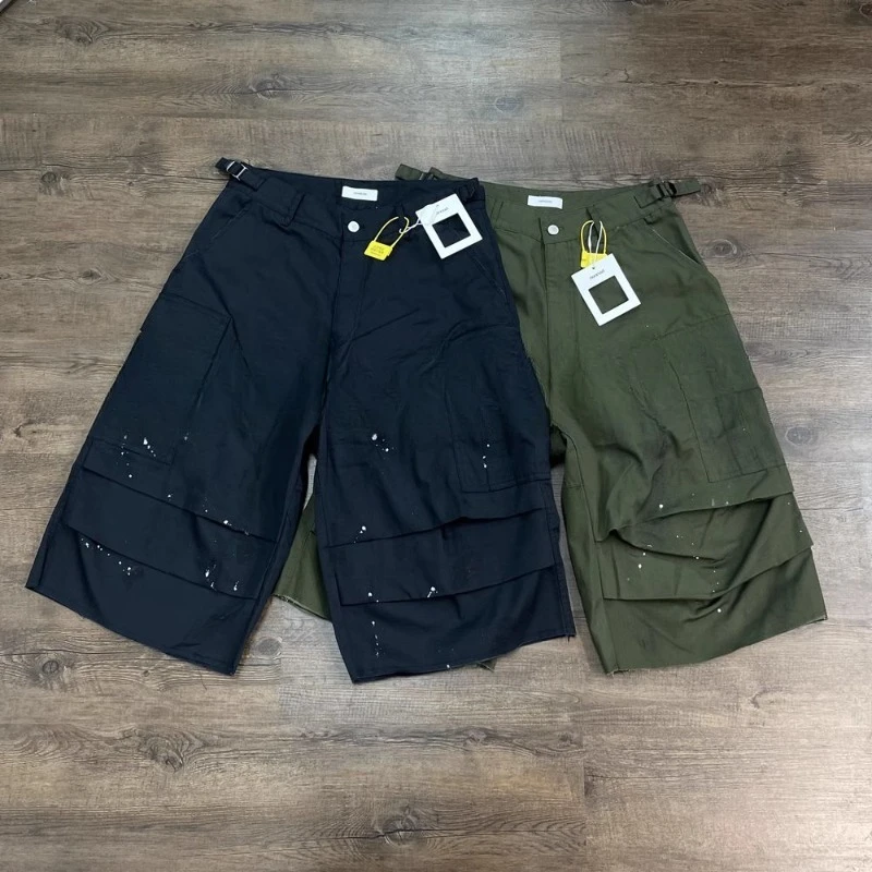 Stain Splash-ink Nonnod Loose Straight Logging Pants Heavy Industry Cargo Calf-length Pants Men Women Black Green Casual Shorts