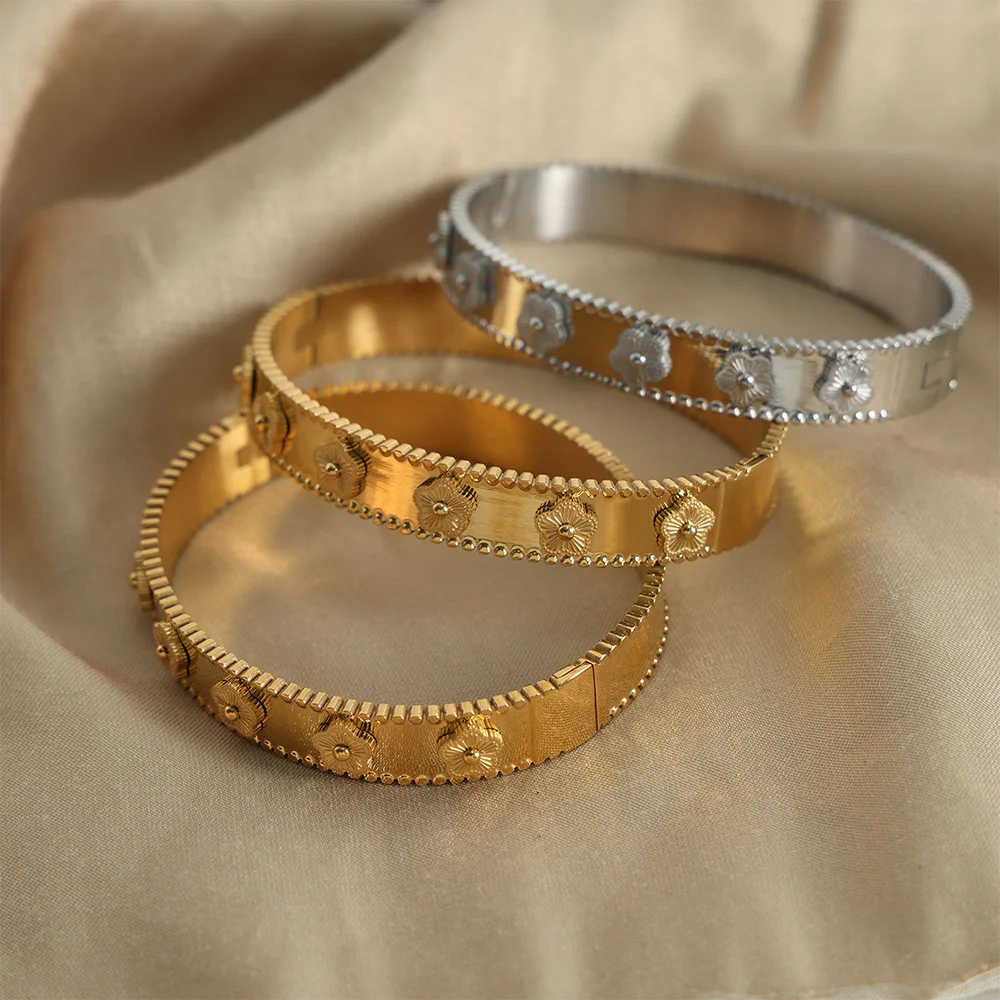 18K Gold Plated Titanium Steel Bangle Women Vintage Floral Engraved Textured Cuff Bracelet Fashion Jewelry