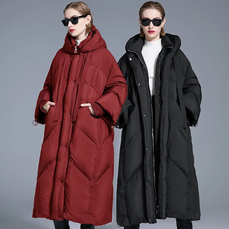 Luxury High Quality Oversized 90% Down Trench Coat Winter Warm Hooded White Duck Down Coat Thick Down Long Puffer Jacket Trendy