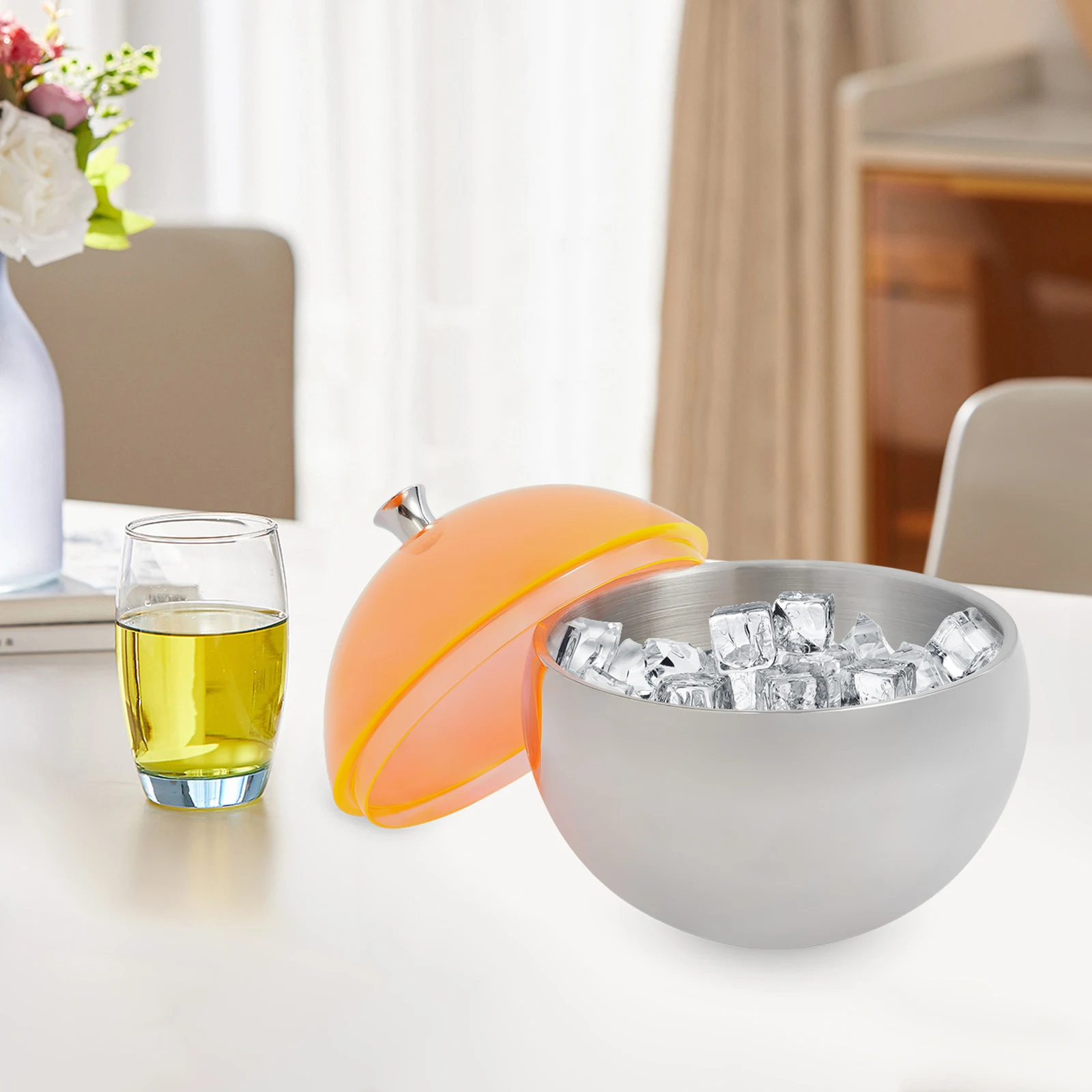 Stainless steel spherical ice bowl with orange lid