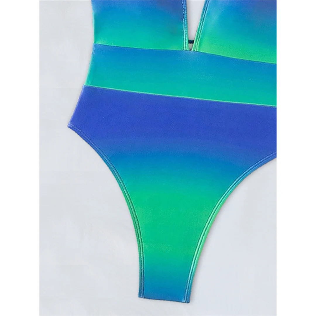 Tief ausgeschnittener, rückenfreier, einteiliger Badeanzug mit Halterneck und Batikmuster für Damen, High-Cut-Monokini, Badebekleidung, Badeanzug, Modell V6314 – Detail 8