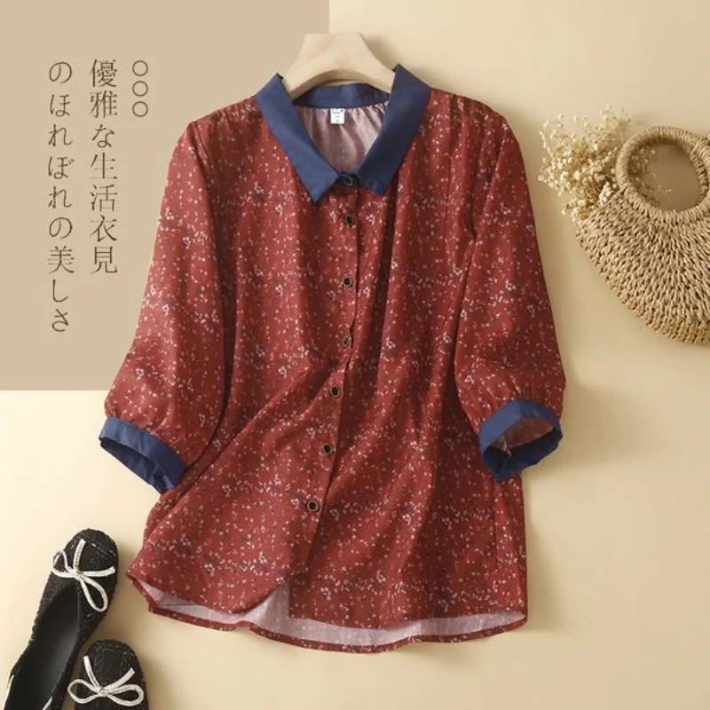 Women's Ramie Floral Shirt Single Breasted Thin Color Block Lapel Long Sleeve Top