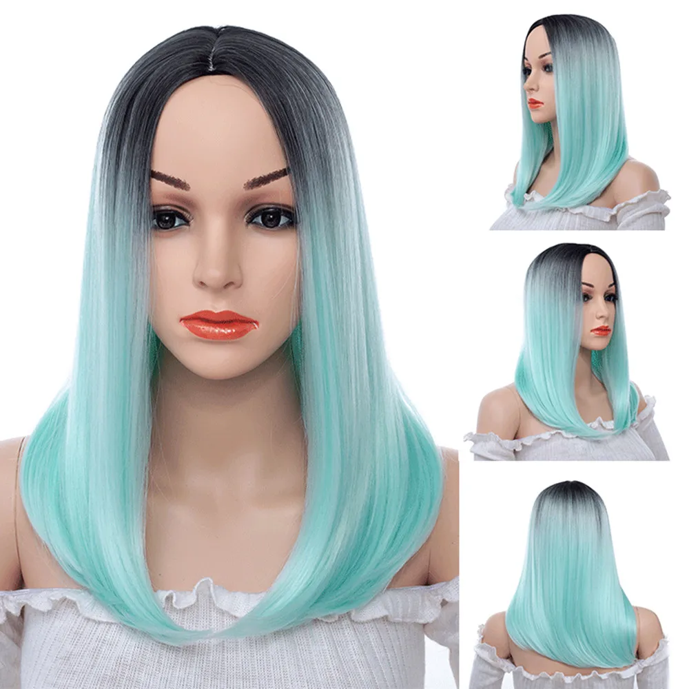 Synthetic Wigs Long Straight Bob Ombre Hair Heat Resistant Fiber Mint Green Black Roots Full  for Woman