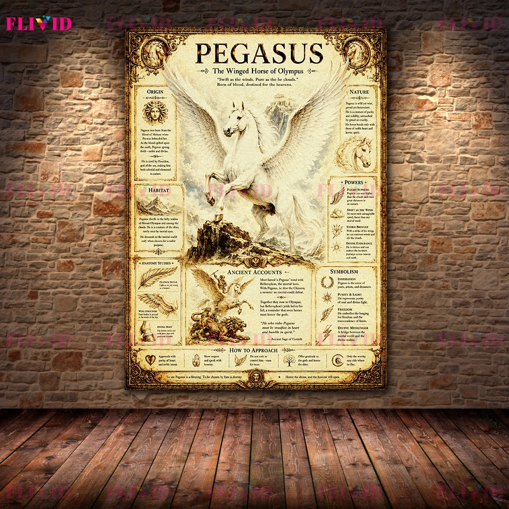 Vintage Mythical Creature Chart Canvas Print Phoenix Pegasus Cerberus Leviathan Antique Monster Knowledge Poster Gothic Poster
