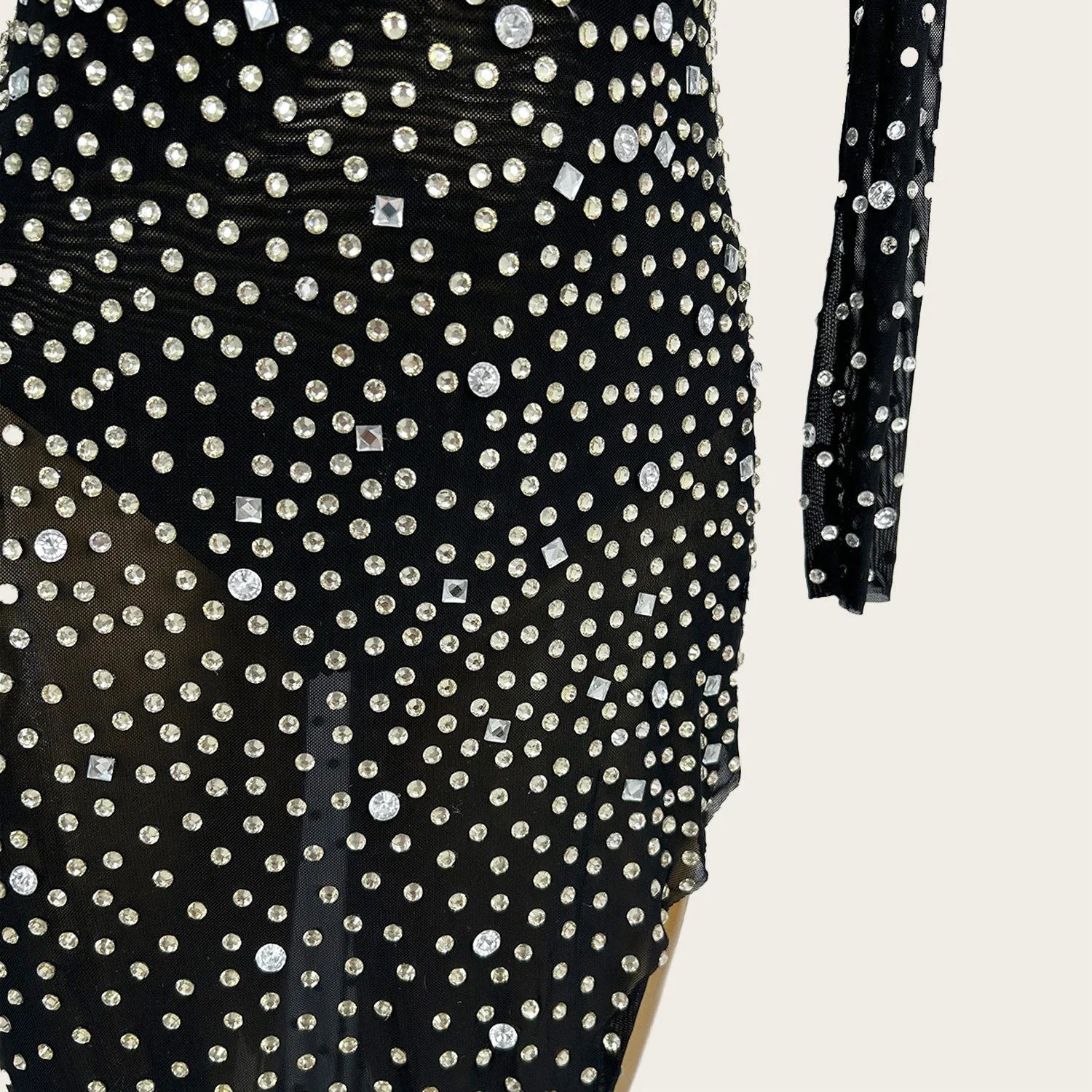 فستان أسود طويل من حجر الراين اللامع بقماش شفاف وفتحات جانبية عالية للحفلات الراقصة والسجادة الحمراء ثوب مسائي رسمي لحفلات أعياد الميلاد Heihai #6