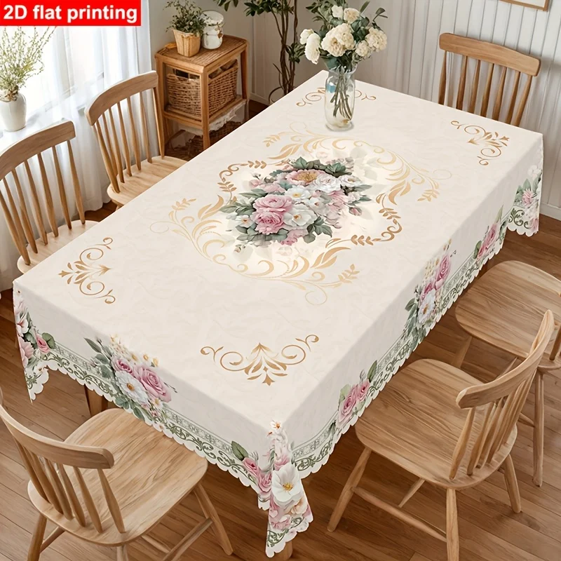 2D flat banner, wave edge, 1-piece set. Spring/Summer romantic vintage rose daisy pattern round tablecloth.