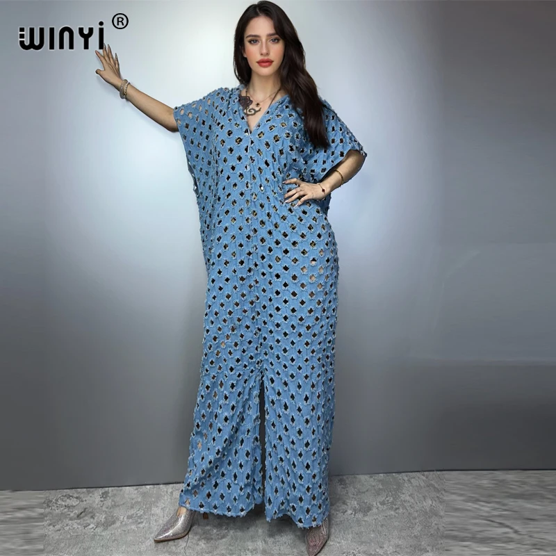 WINYI summer Original openwork loose denim jumpsuit fashion cover up