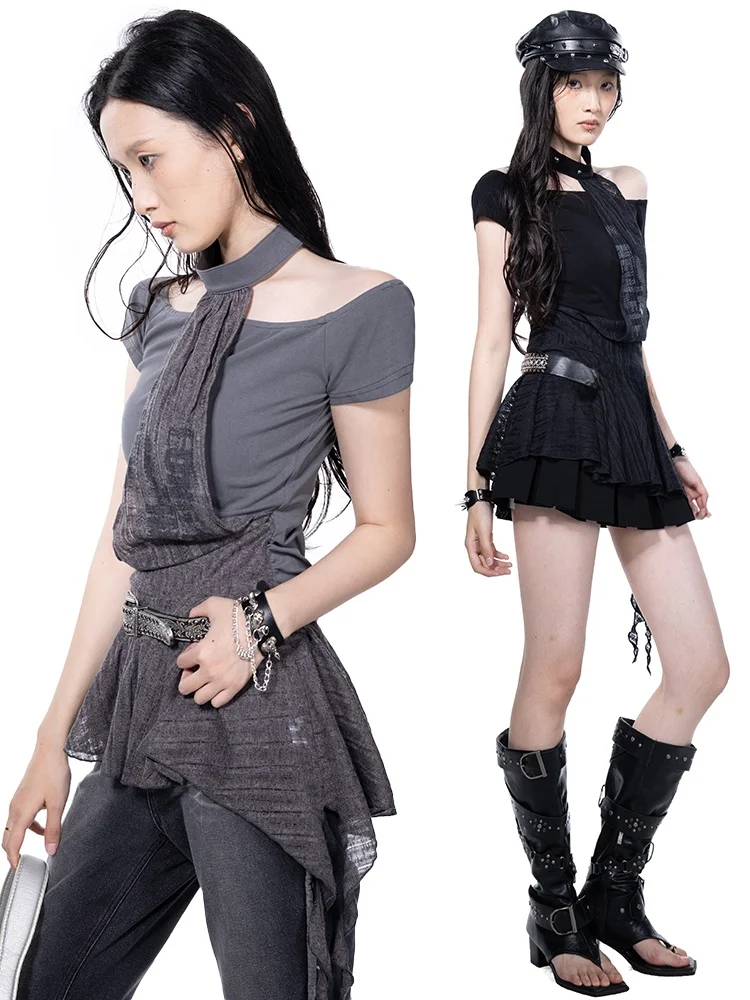 

Retro Summer New Sle Ne Hanging T-irt Splice Irregular Hot Girl Sle Women's Faionable Top Polyester Spandex Blend