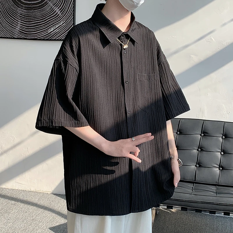 2023 Summer Ice Silk Men's  Shirt Vertical Stripe Short Sleeve Thickened Fleece Special Wide Fit Autumn Season Clothing