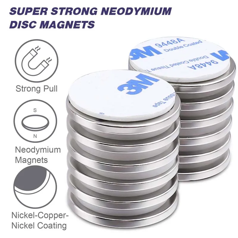 5/10pcs 32mm silver Super Strong Neodymium Disc Magnets with Double-sided Adhesive, Powerful Permanent Rare Earth Magnets