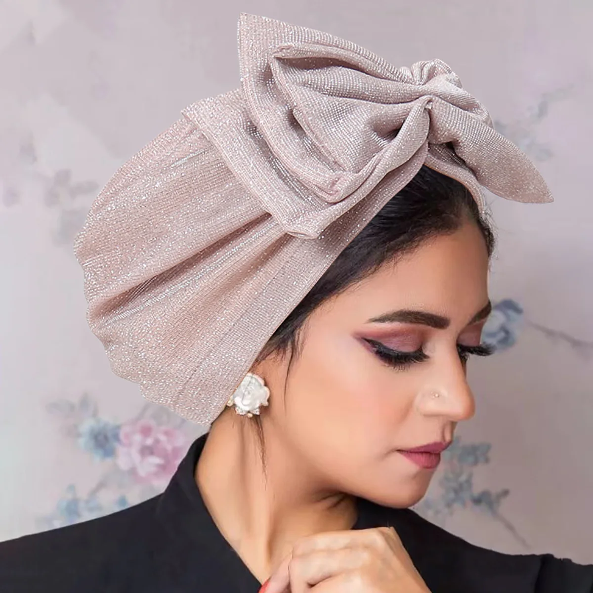 Glitter Bow Hand Stitched Turban Islamic Headscarf Cap