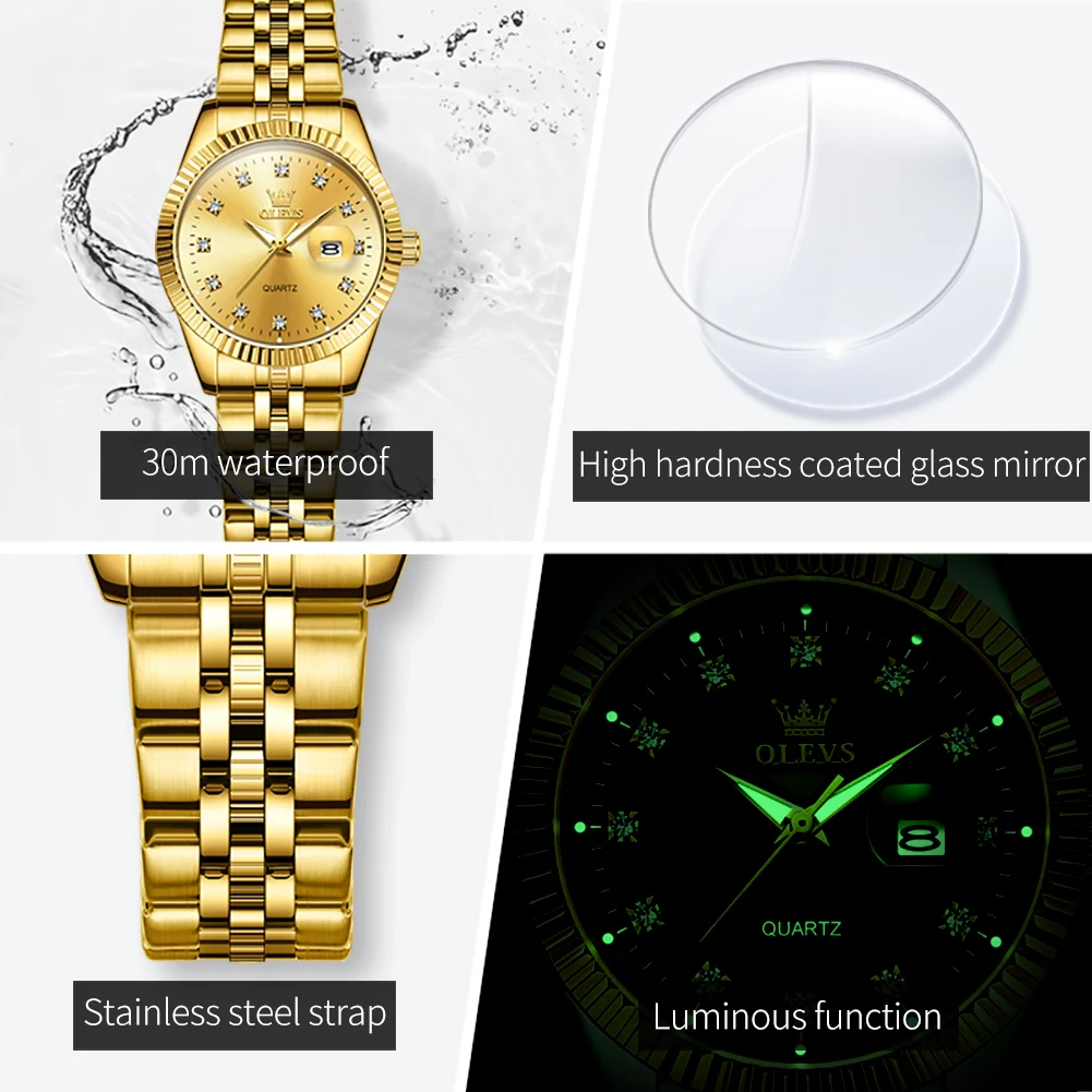 OLEVS relojes de mujer reloj de cuarzo para mujer de negocios de lujo estilo dorado reloj de pulsera Staninless Stee fecha impermeable luminoso 5526