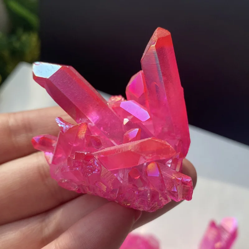 Natural Crystal Cluster Stone Titanium  Rose Red Angel Aura Quartz Specimens Cured  Coating Healing Crystals Home Decor