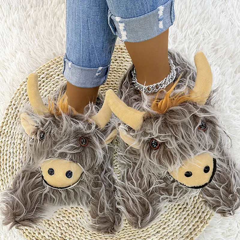 Creativity Funny 3D Highland Cow Plush Slippers Women Fuzzy Warm House Slippers Cartoon Animal Indoor Home Shoes Novelty Gift