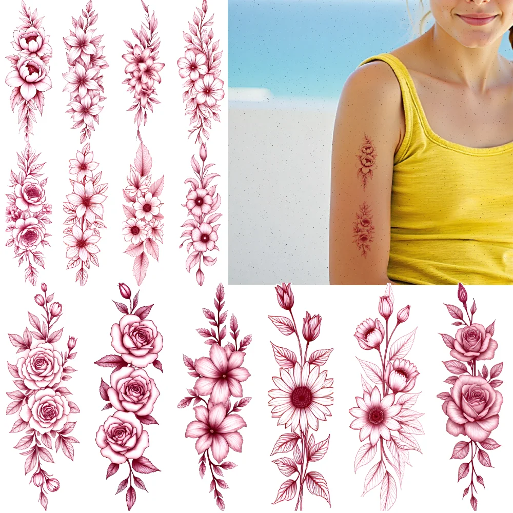 

Временные татуировки с цветочным рисунком, красная линия, декоративные татуировки, временные татуировки, наклейки для рук, спины, взрослых
