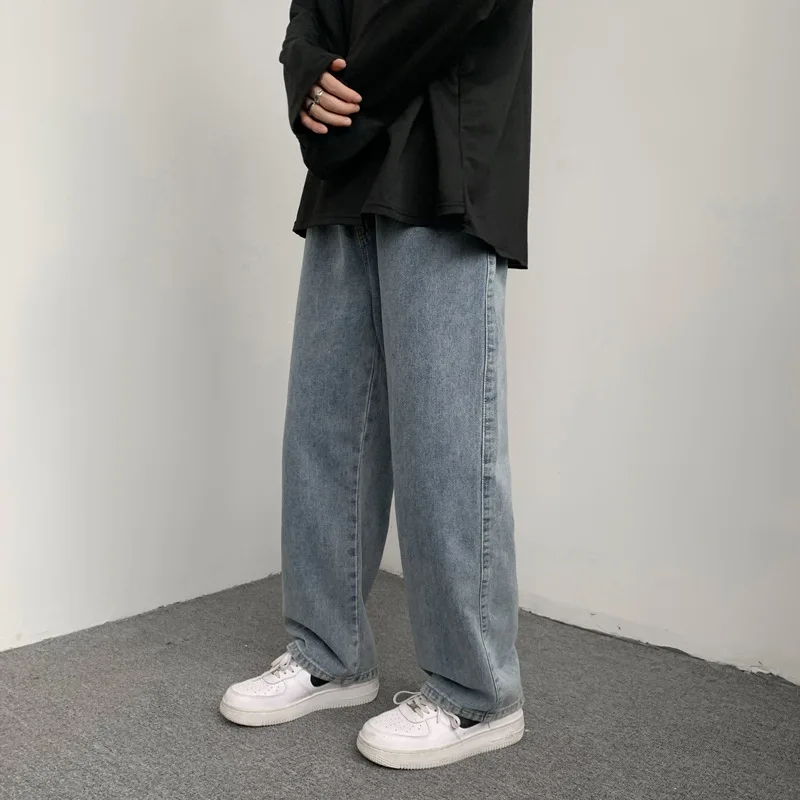 Jeans larghi dritti da uomo stile Hip Hop pantaloni tinta unita elastico in vita Jeans larghi a gamba dritta stile classico avanzato