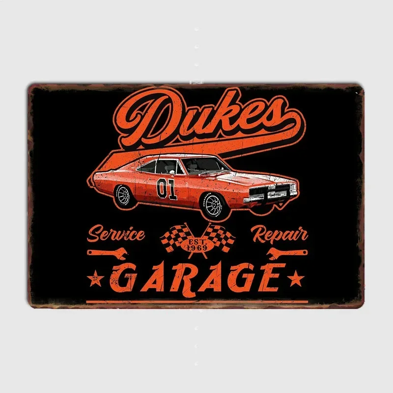 Retro Dukes Garage Poster Drawing Print Wall Art Metal Painting Vintage Garage Tin Sign Art Decor Room Wall