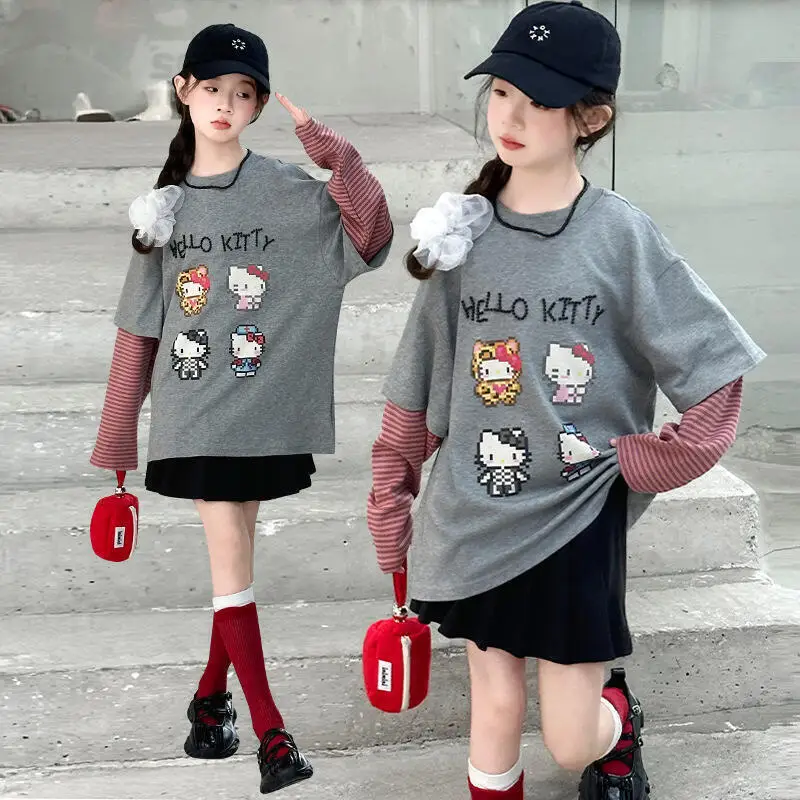 

Hot Sanrio Girl Casual Kuromi Kawaii Anime Fashion Autumn Student Round Neck Splice T-Shirt Tops Children's Clothing New Style