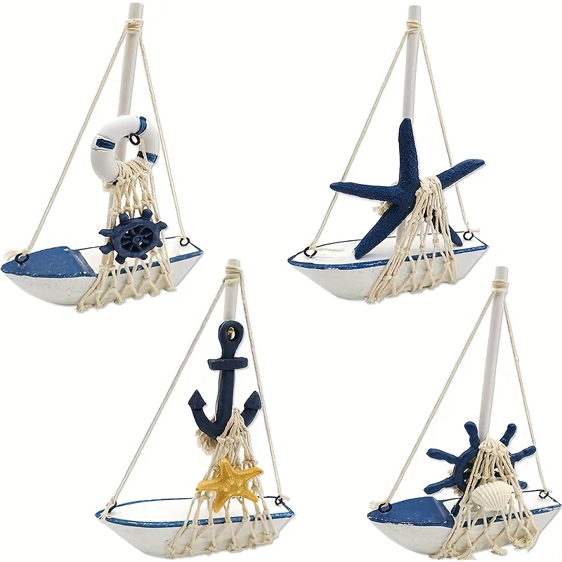 1PC Mini Wooden Sailboat Decorative Ropes and Anchors,Mediterranean-style Commemorative Gift for The Owner's Home Office Desktop