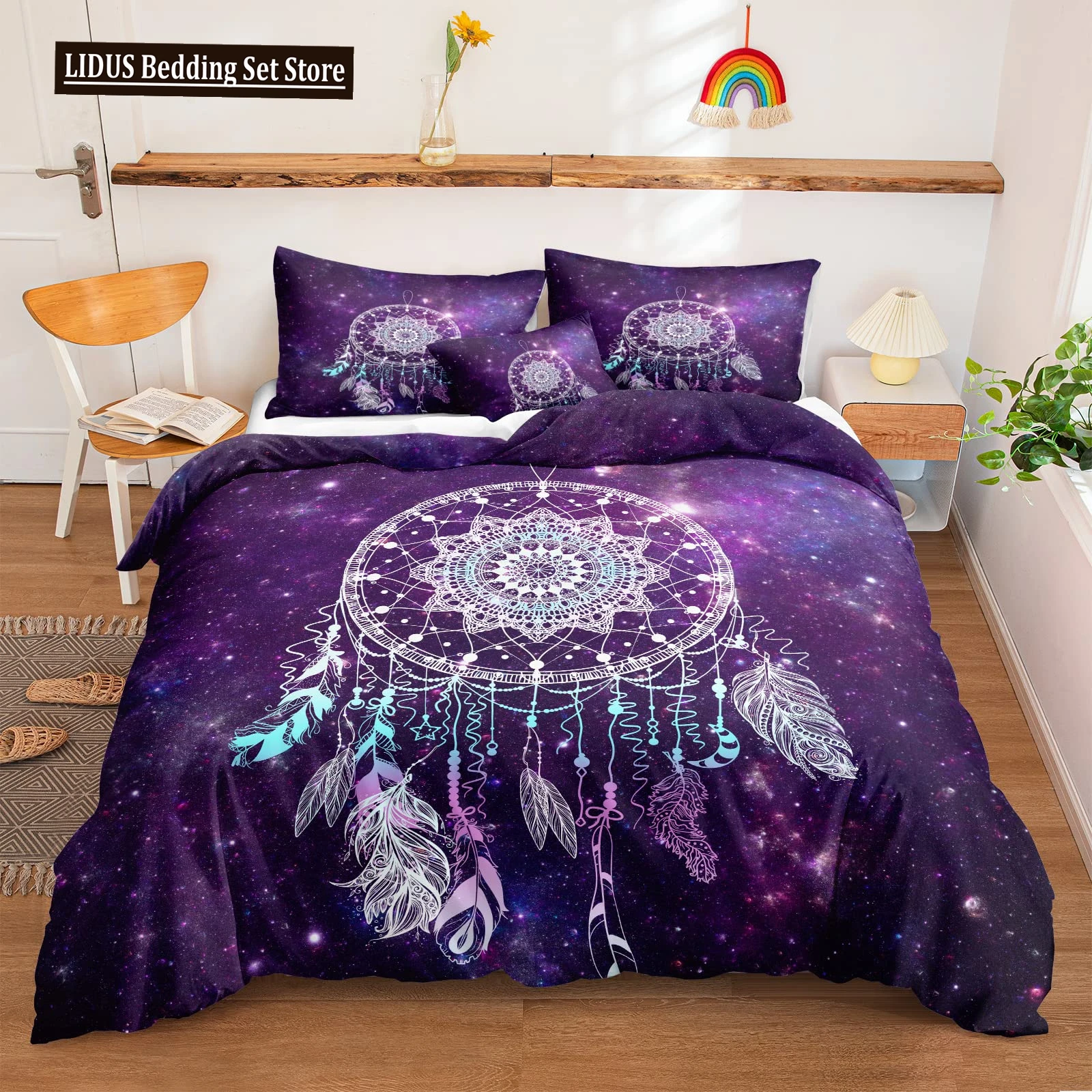 

Dream Catcher Duvet Cover Set Purple Bedding Set Chic Boho Mandala Floral Feather Design Galaxy Comforter Cover Set Queen Size