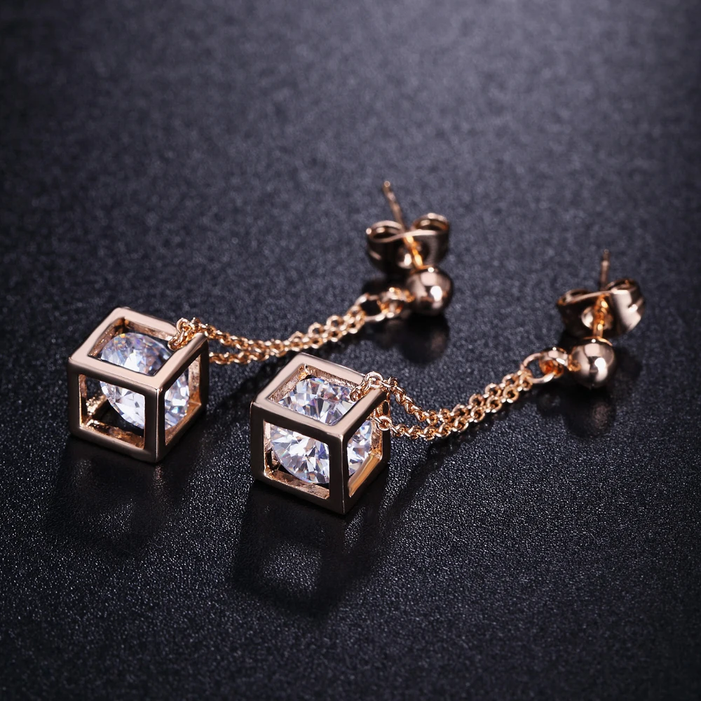 ZHOUYANG Top Quality Crystal Cube Drop Earrings Rose Gold Color Earring Jewelry  Austrian Crystal ZYE661 ZYE652