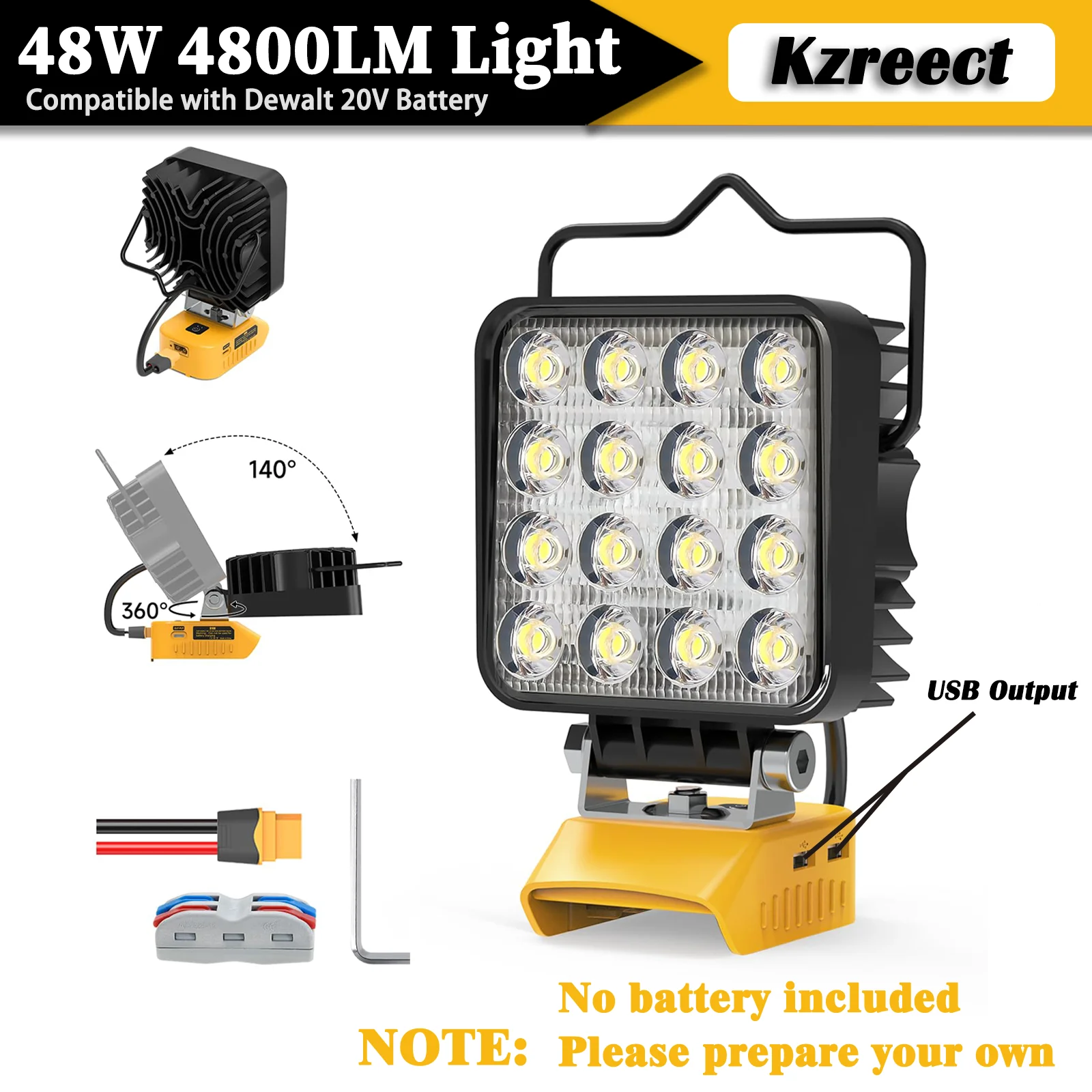 Kzreect for DeWalt 20V Battery 48W 4800LM Portable LED Work Light，with Multi-functional Adapter for Outdoor Use (No Battery)