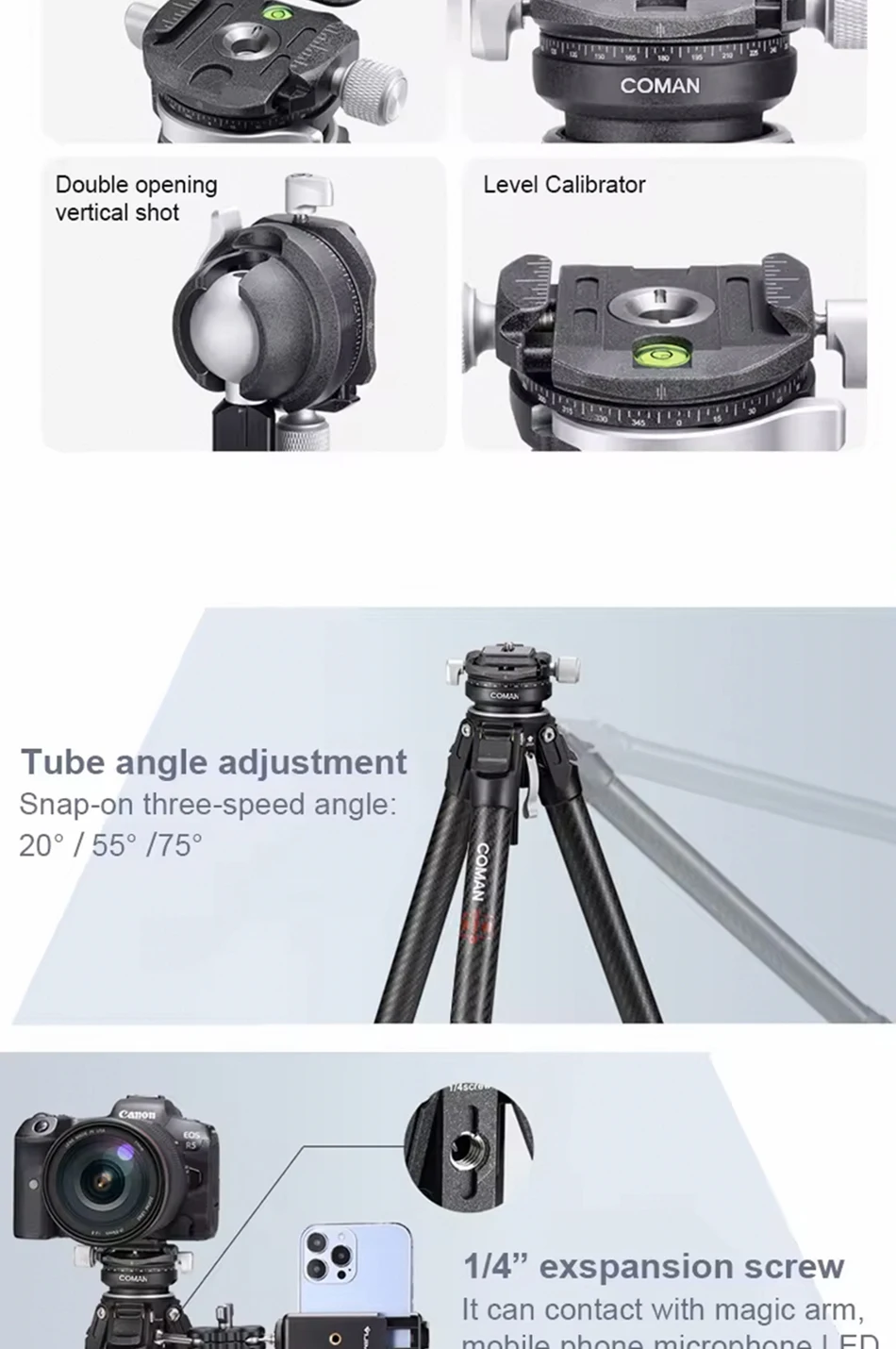 COMAN Zero Y Leichtes Reisestativ aus Vollcarbon Professionelles Outdoor-Stativ mit Arca Swiss Schnellwechsel-Kugelkopf – Detail 12