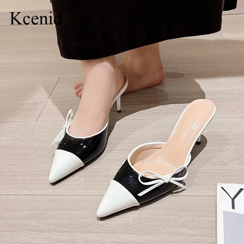 

Kcenid Black White Patchwork Fashion Butterfly-knot Stiletto Mules Women Pointed Toe Pumps High Heels Elegant Dress Lady Pumps