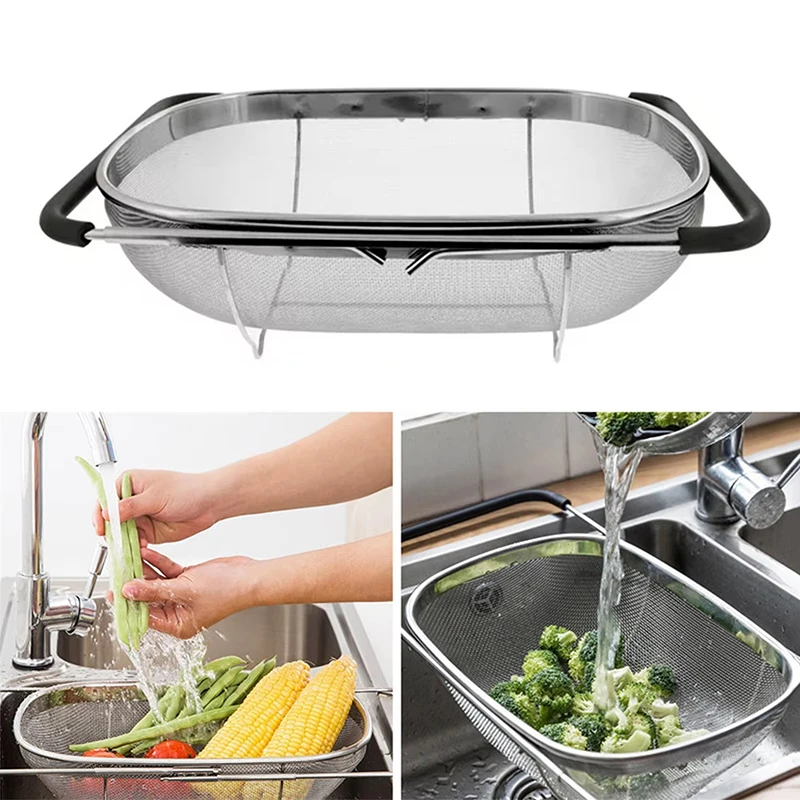 Kitchen Supply Colander Drain Over The Sink Deep Well Oval Stainless Steel Colander Fine Mesh Extendable Handle Foldable Storage