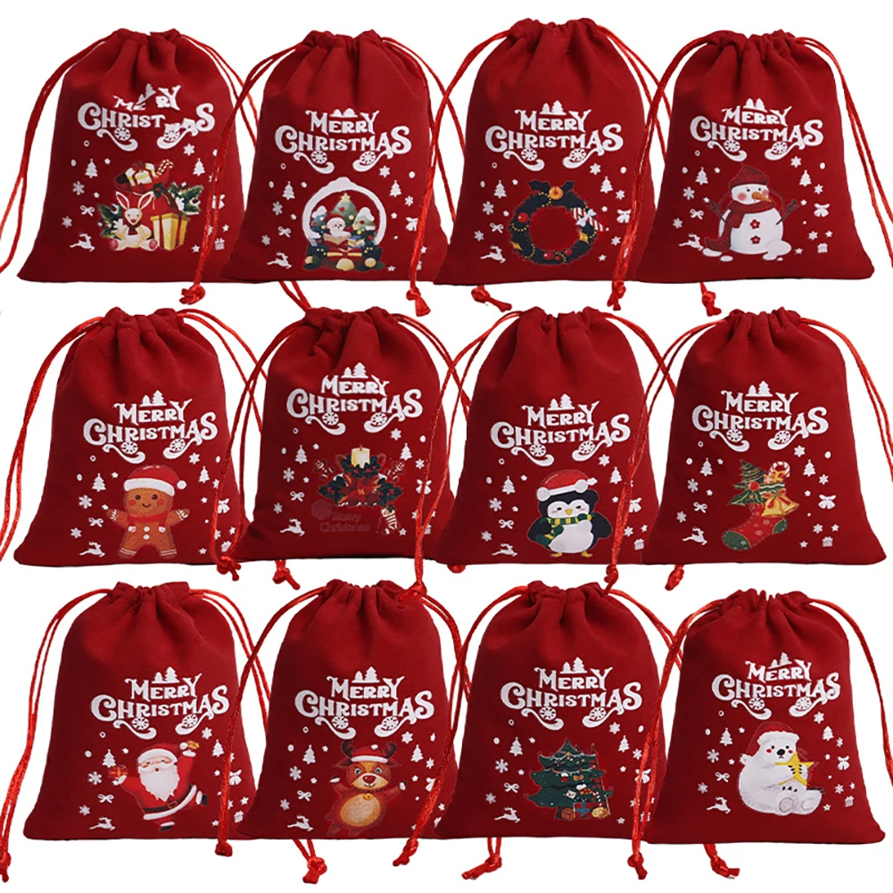Bolsas de terciopelo de Navidad con cordón, bolsa de galletas de caramelo, pulsera roja, bolsas de embalaje de joyería, bolsas de almacenamiento de Feliz Navidad, 12 piezas por juego